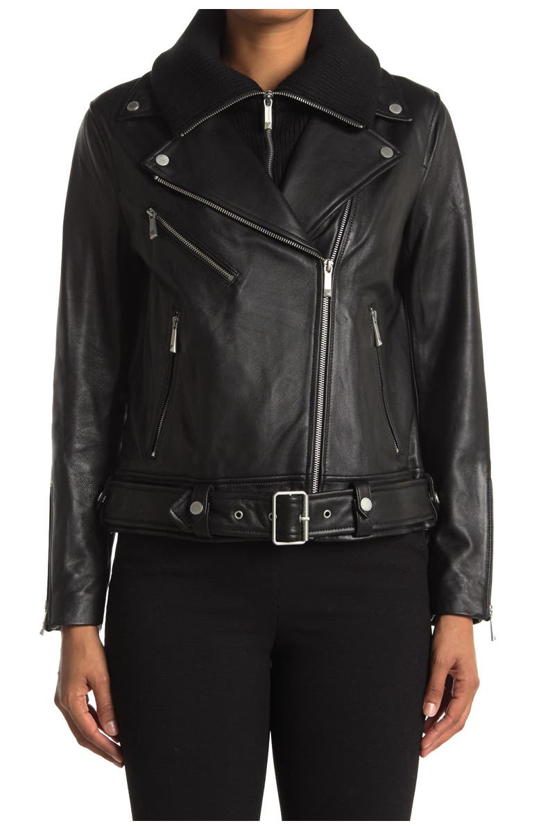 BCBGMAXAZRIA Knit Trim Lamb Leather Jacket, Alternate, color,