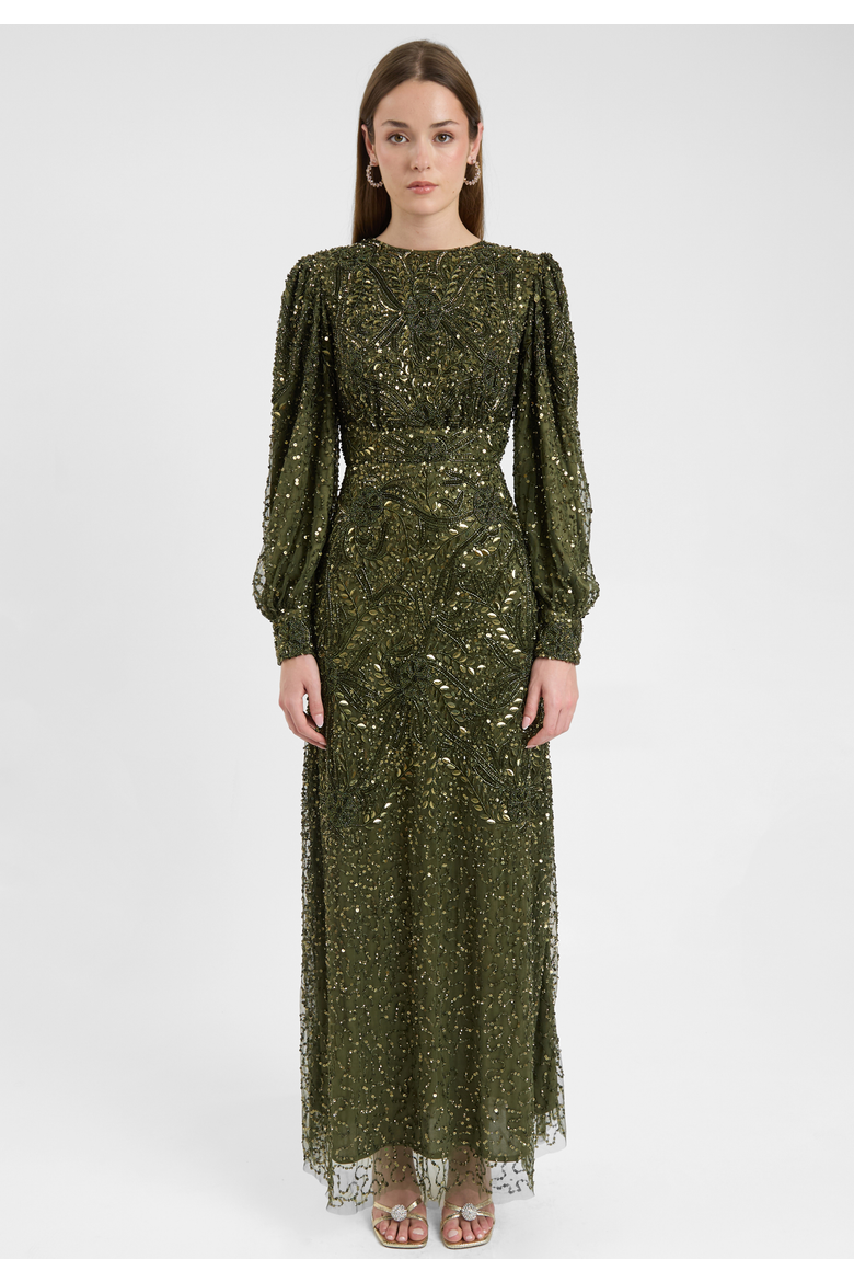 Modest Embellished Sequin Beaded Dress Maxi With loose Cuff Sleeves, Main, color, OLIVE