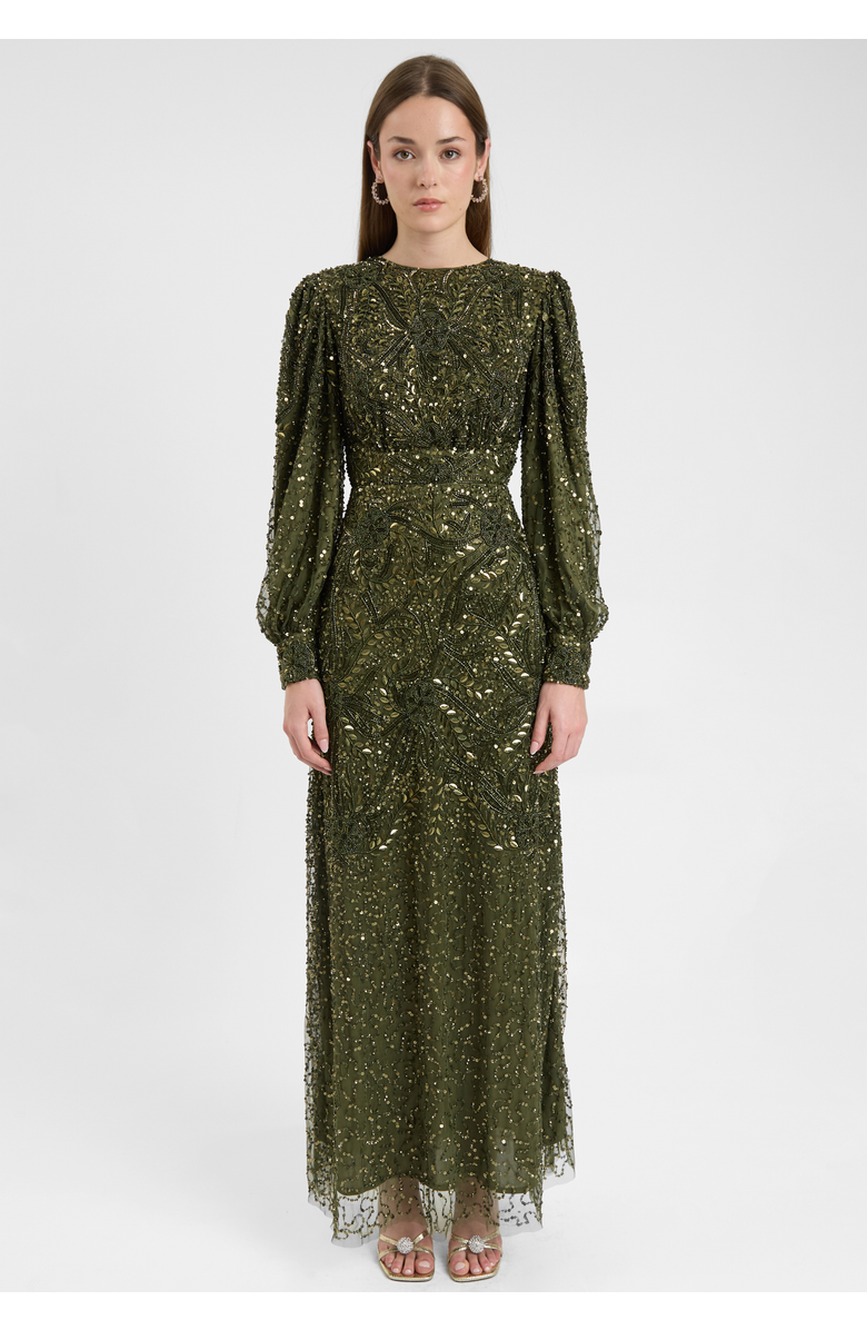 MARYISA Modest Embellished Sequin Beaded Dress Maxi With loose Cuff Sleeves, Main, color, Olive