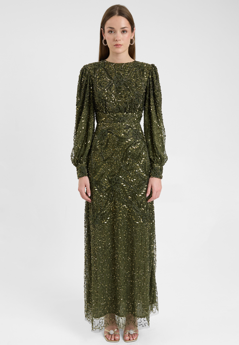 Modest Embellished Sequin Beaded Dress Maxi With loose Cuff Sleeves