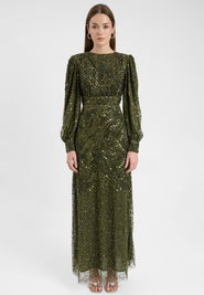 MARYISA Modest Embellished Sequin Beaded Dress Maxi With loose Cuff Sleeves