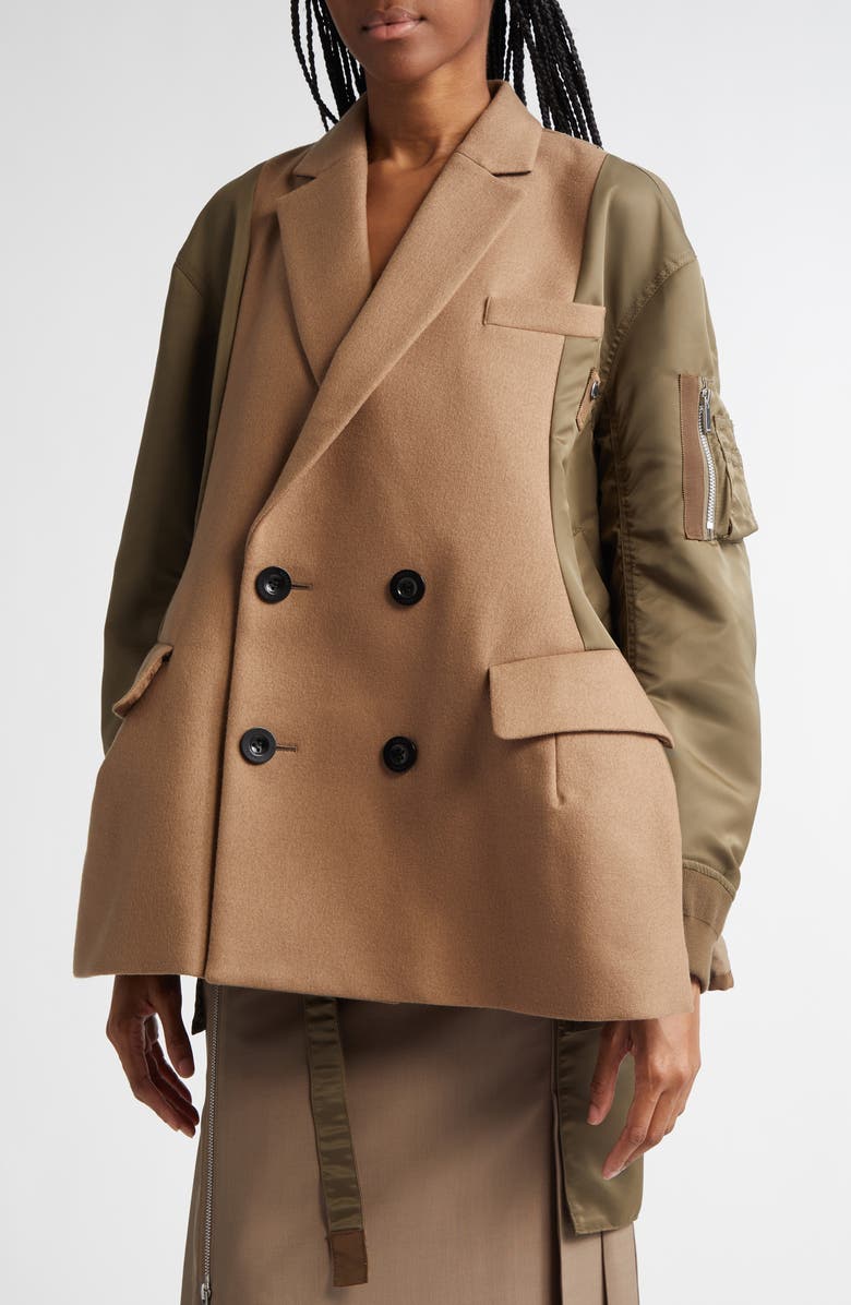 Sacai Double Breasted Mixed Media Jacket, Alternate, color, 