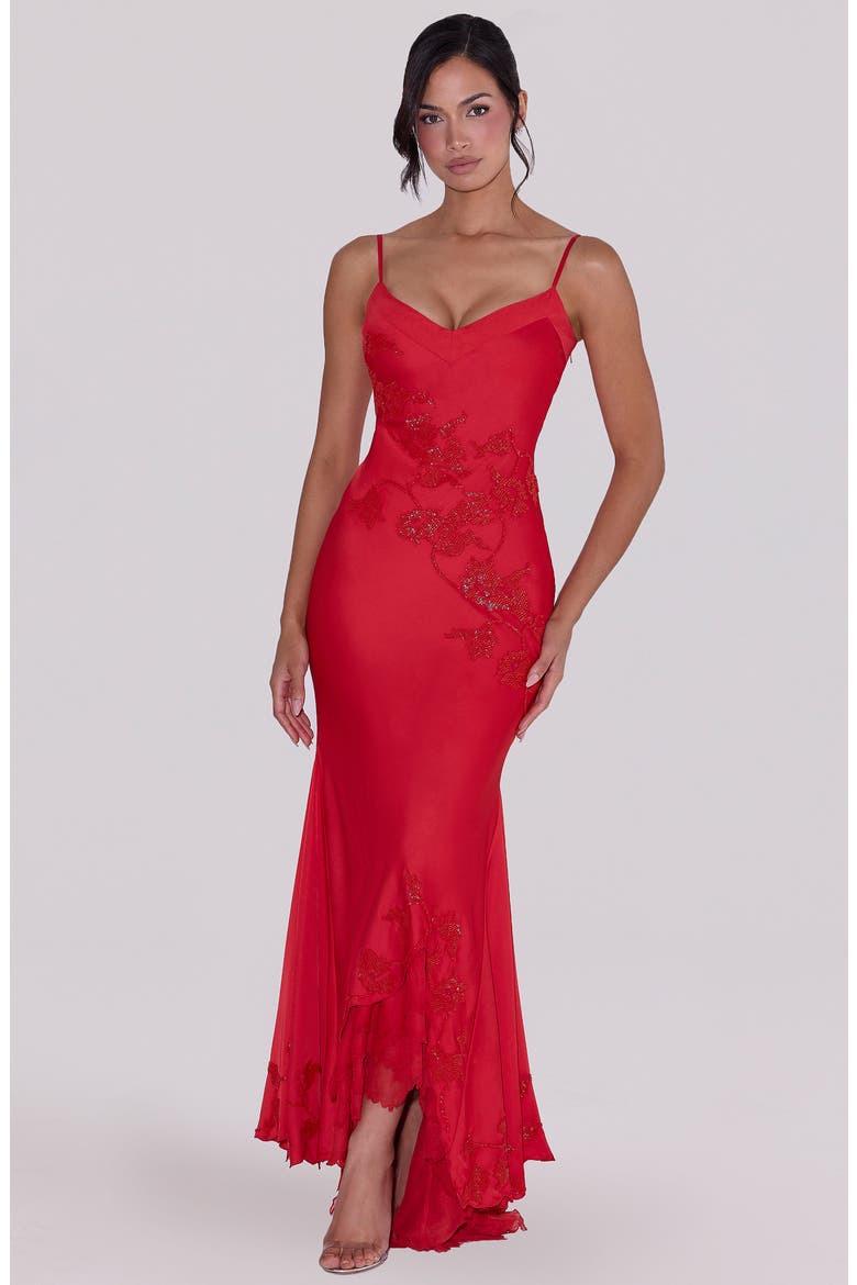 Anastelle Bead Embellished Satin Mermaid Gown, Alternate, color, RED