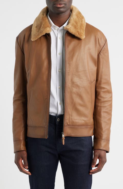 Mury Down Fill Leather Jacket with Removable Genuine Shearling Collar