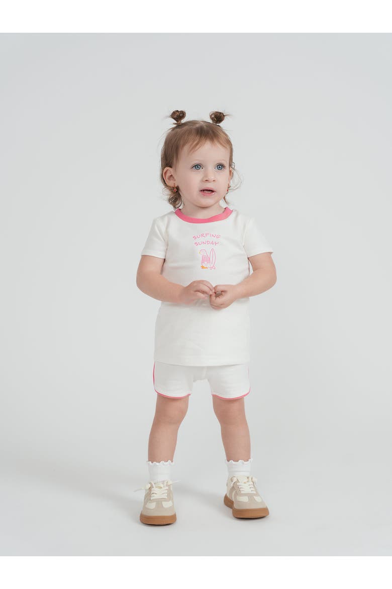 Girl Surfing Sunday Penguin Ribbed Neck Top & Piped Shorts Set, Alternate, color, Off White/Pink