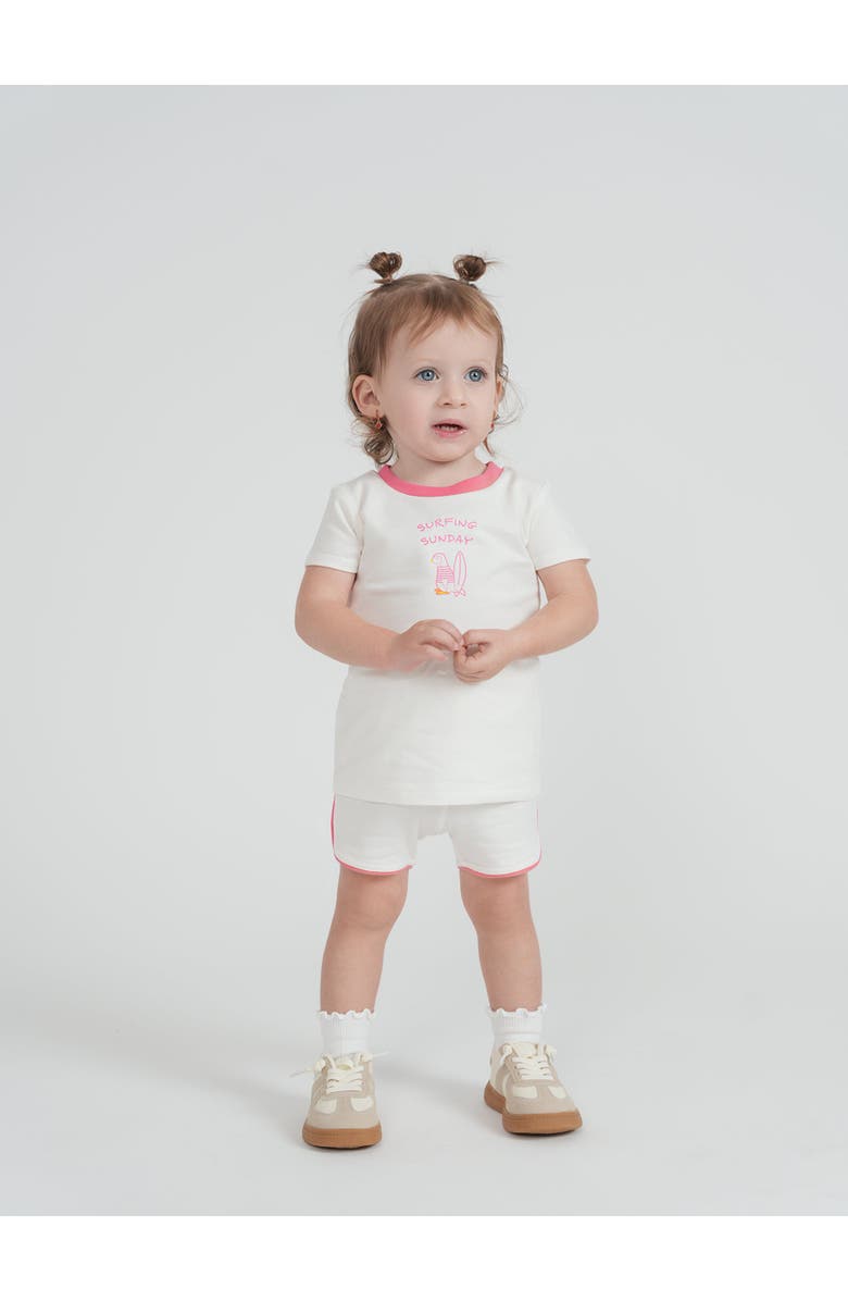 Puddles Girl Surfing Sunday Penguin Ribbed Neck Top & Piped Shorts Set, Alternate, color, Off White/Pink