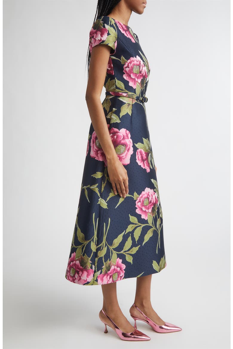 Peony Jacquard Belted Midi Dress, Alternate, color, MIDNIGHT MULTI