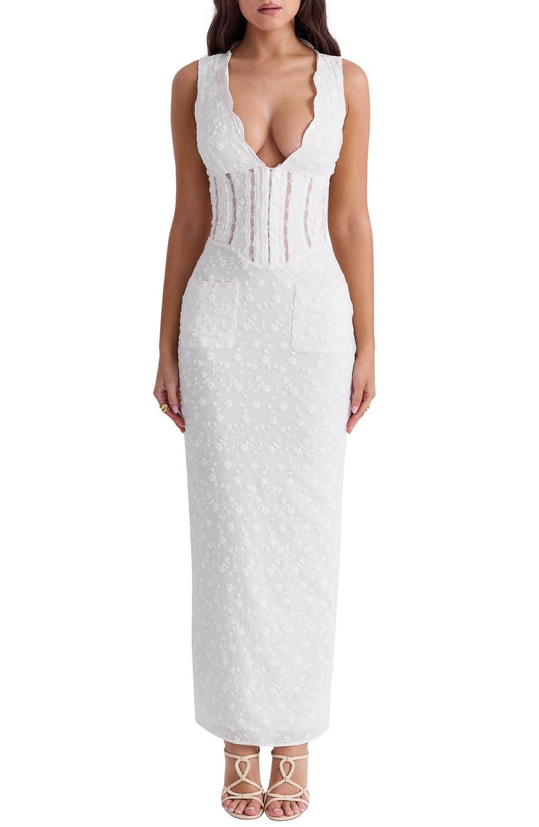 HOUSE OF CB Sophina Embroidered Plunge Neck Bustier Dress, Main, color, White