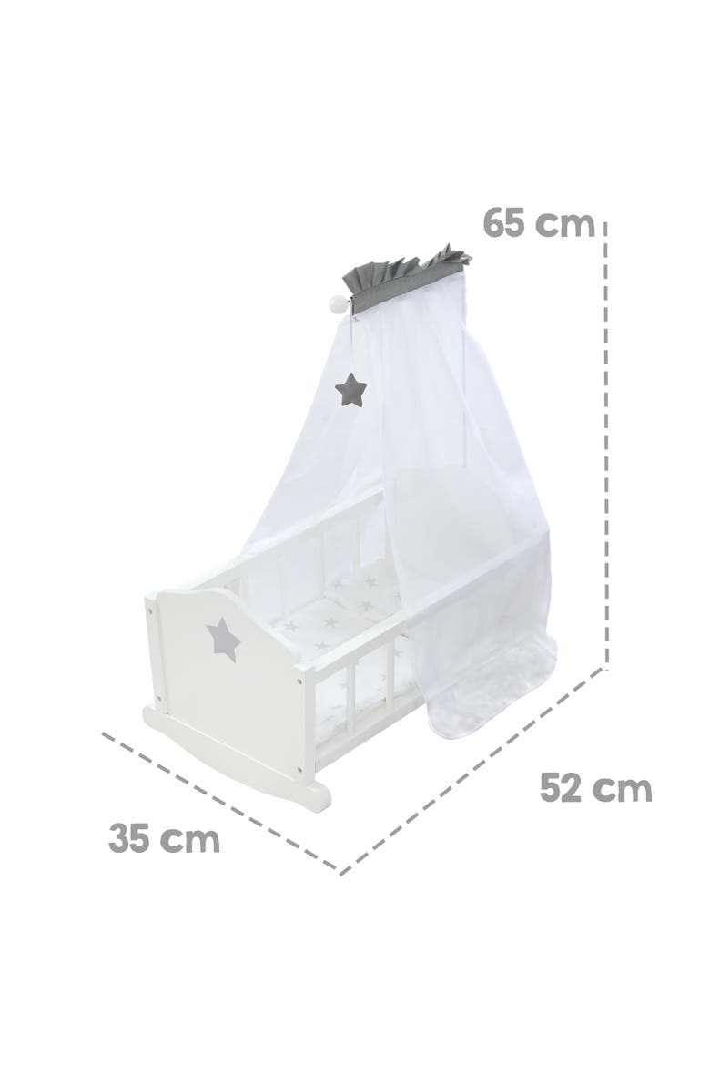 Roba Doll Cradle Set Stella Star, Gray & White Includes Hanging Mobile, Alternate, color, White