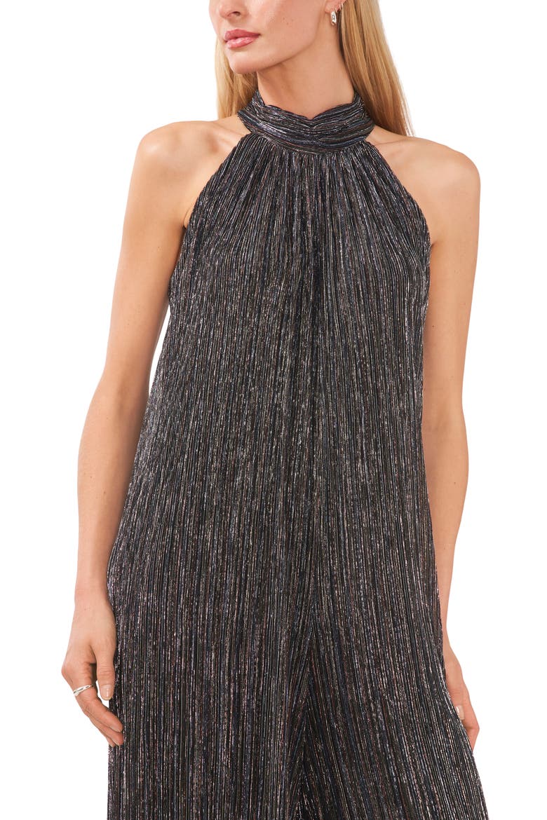 Shimmer Halter Neck Plissé Jumpsuit, Alternate, color, METALLIC MIDNIGHT