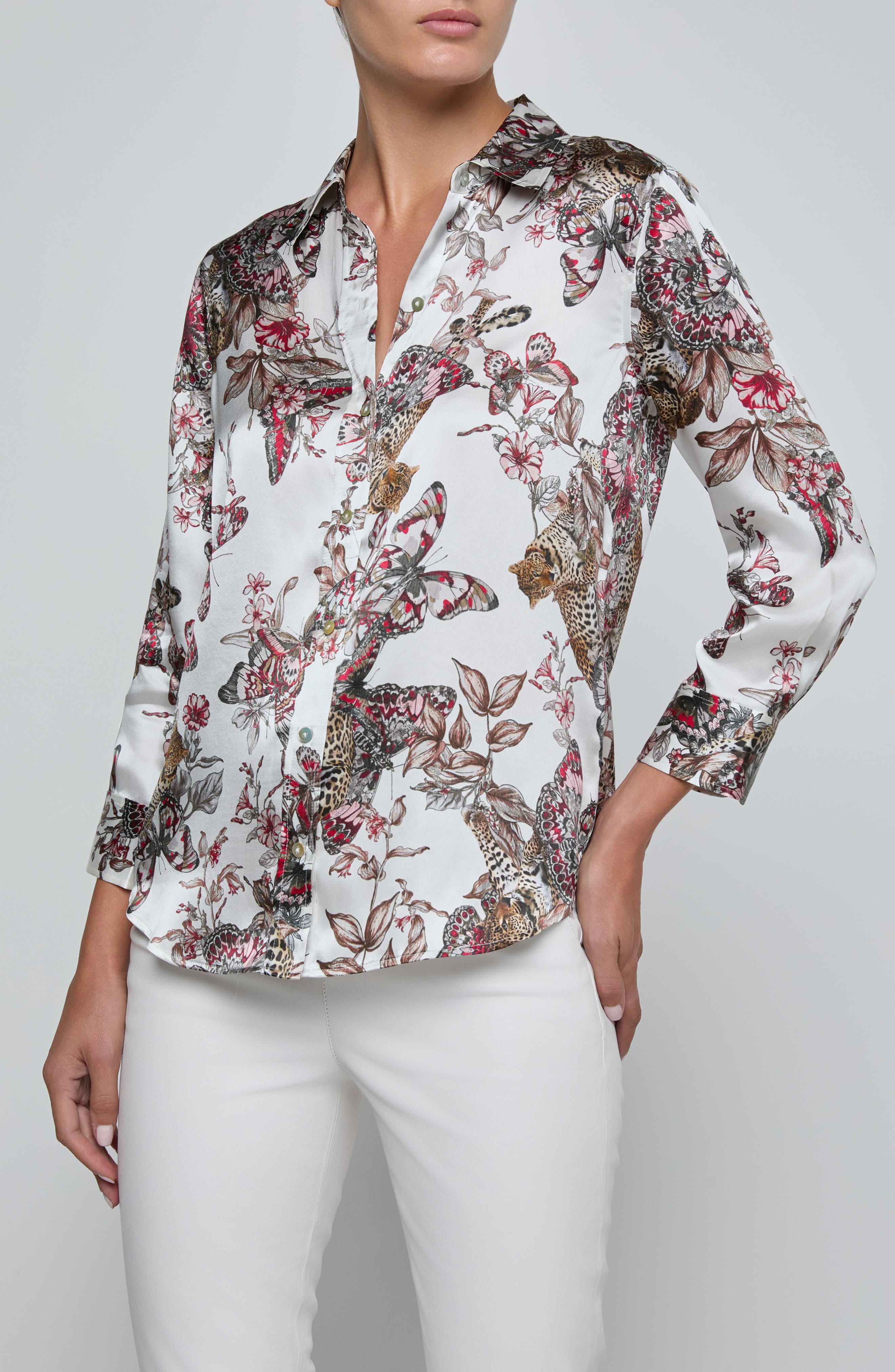 Dani Butterfly Print Three-Quarter Sleeve Silk Button-Up Shirt