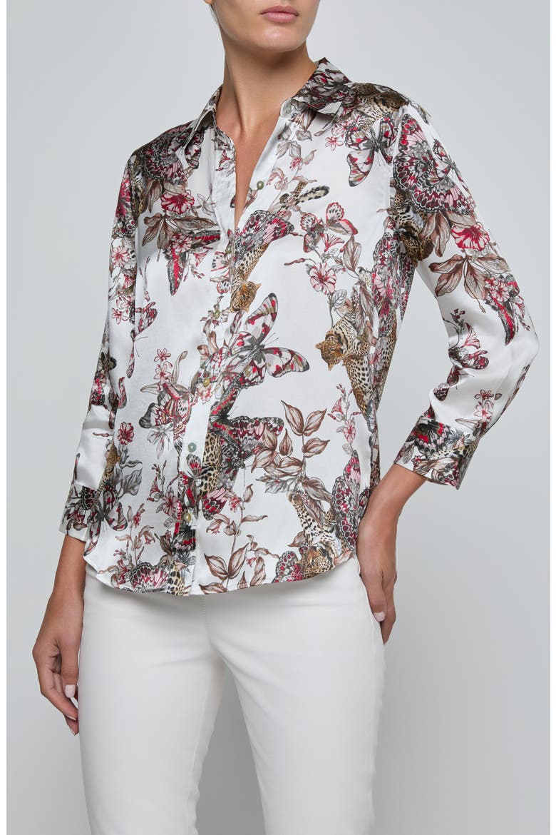 Dani Butterfly Print Three-Quarter Sleeve Silk Button-Up Shirt, Main, color, BUTTERFLY JUNGLE