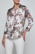 L'AGENCE Dani Butterfly Print Three-Quarter Sleeve Silk Button-Up Shirt