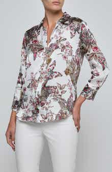 Dani Butterfly Print Three-Quarter Sleeve Silk Button-Up Shirt