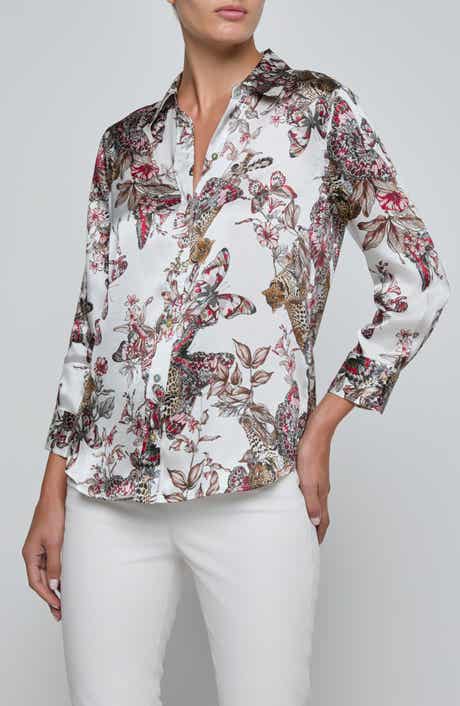 Dani Butterfly Print Three-Quarter Sleeve Silk Button-Up Shirt