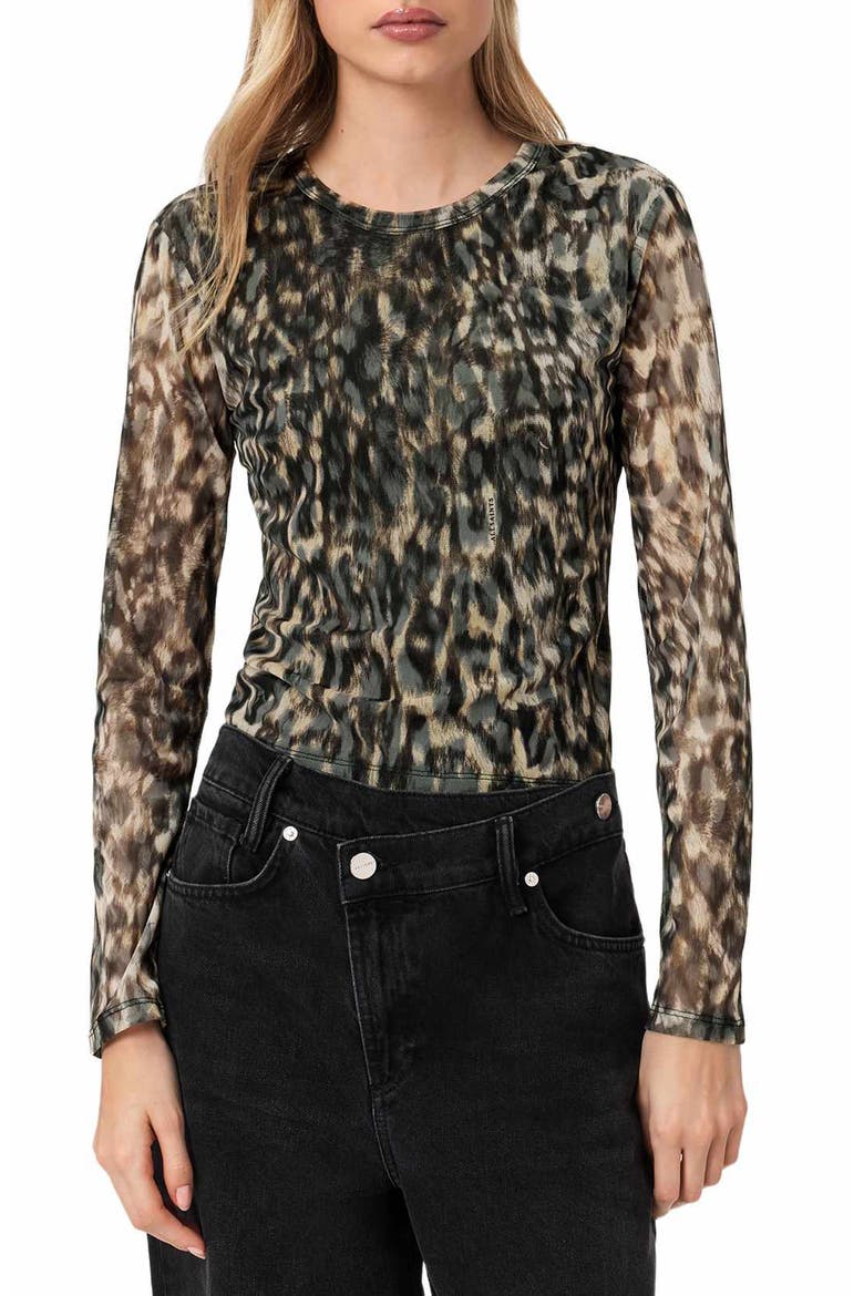Ellie Floral Long Sleeve Mesh T-Shirt, Main, color, LEPPO BROWN