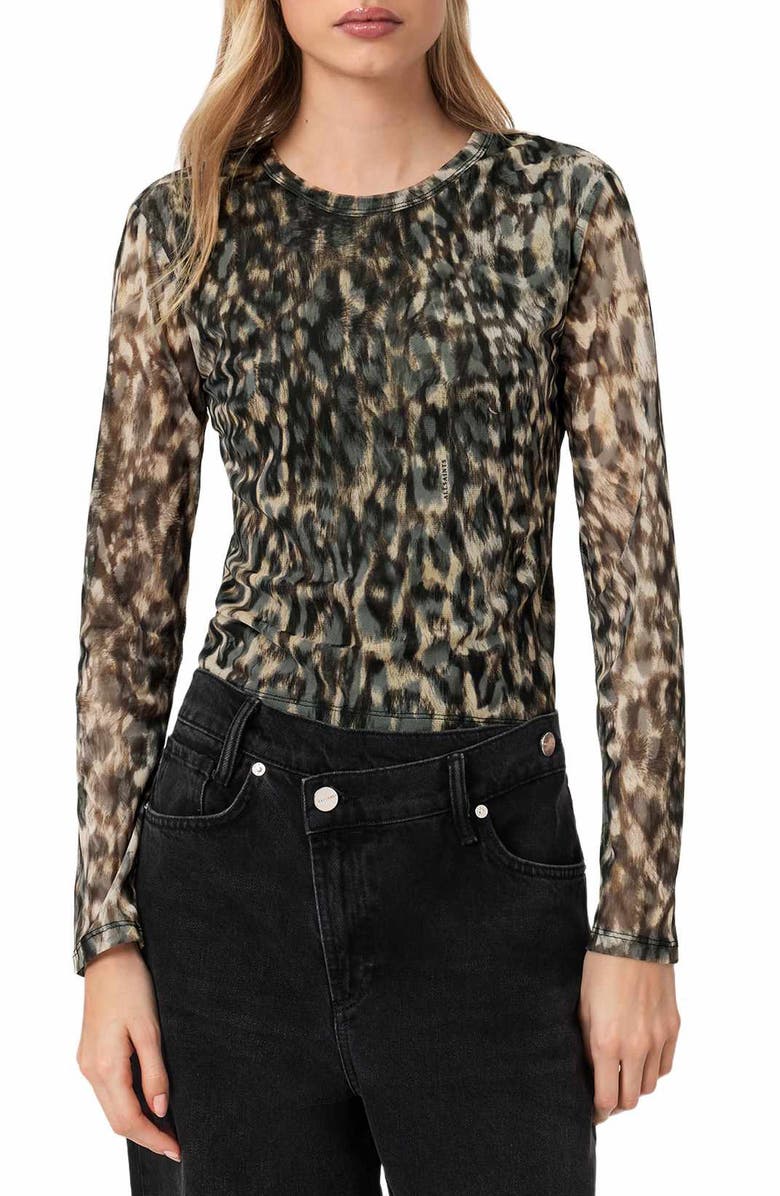 AllSaints Ellie Floral Long Sleeve Mesh T-Shirt, Main, color, Leppo Brown