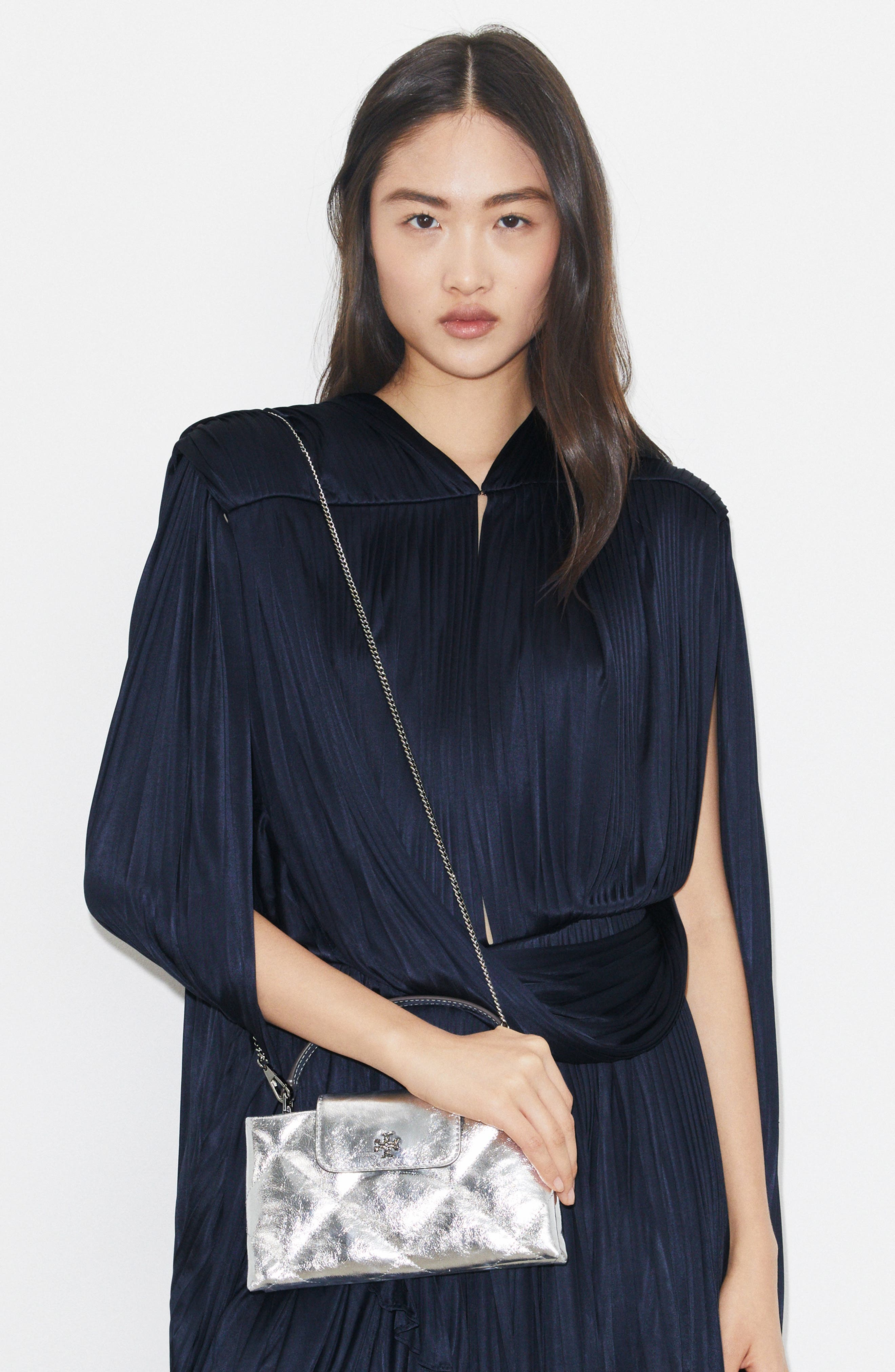 Tory Burch Kira Diamond Quilted East-West Top Handle Bag, Alternate, color, Silver