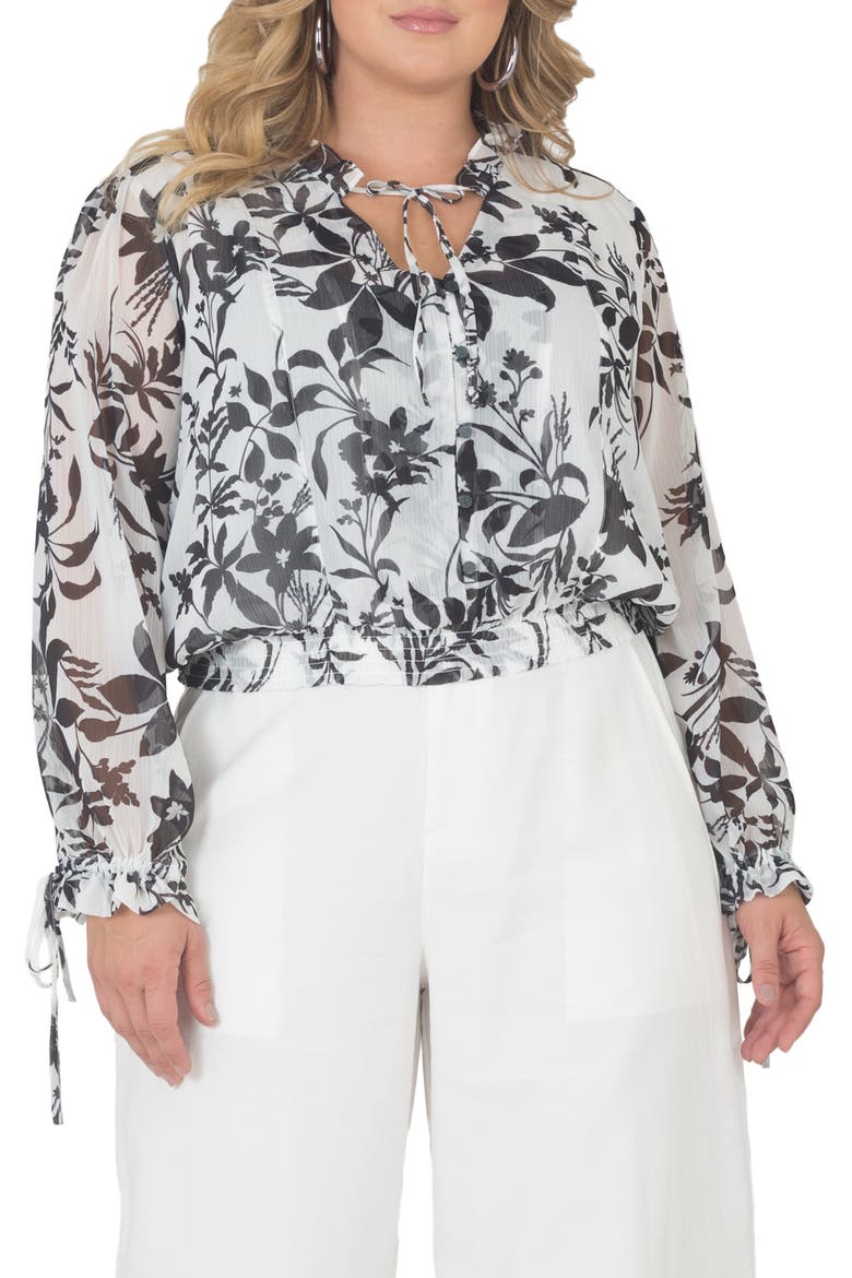 Standard & Practices Tie Neck Chiffon Top, Main, color, BLACK WHITE FLORAL