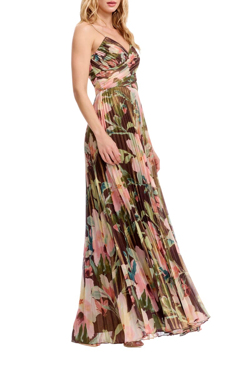 Floral Print Pleated Chiffon Gown, Alternate, color, MOCHA MULTI