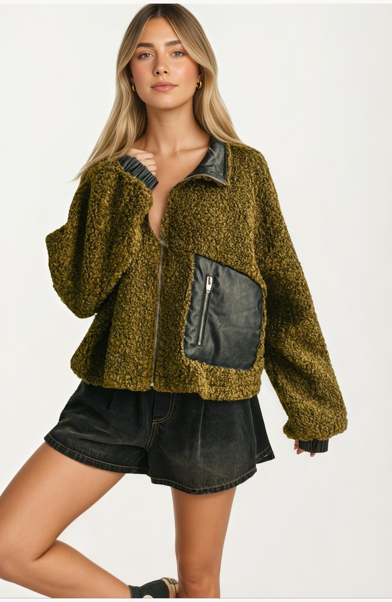 Knit and Lounge Faux Leather Trim Textured Zip-Up Pocket Detail Jacket, Alternate, color, 