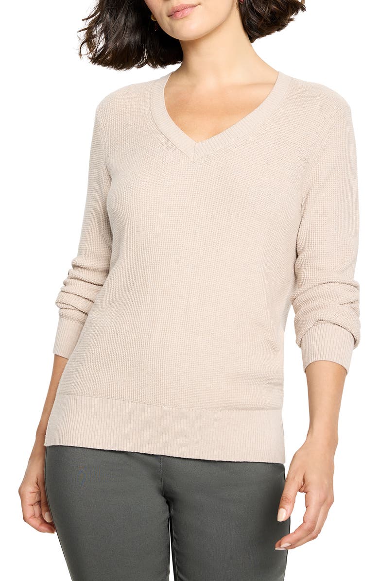 NIC+ZOE Waffle Stitch V-Neck Sweater, Main, color, Taupe