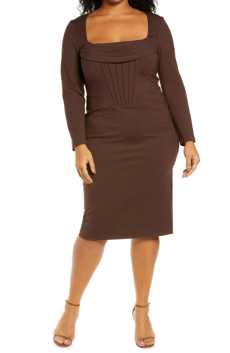Lavish Alice Cowl Neck Corset Long Sleeve Ponte Midi Dress, Main, color, 