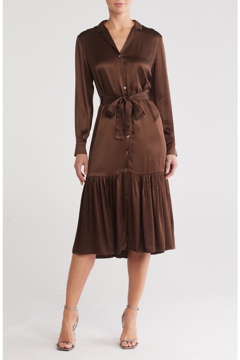 rails brown silk dress Beatrice Long Sleeve Belted Satin Midi Shirtdress (Women) Stunning Lace Sweetheart Neck RD-01.14.26 Size:M (6-8) cut midi dress in