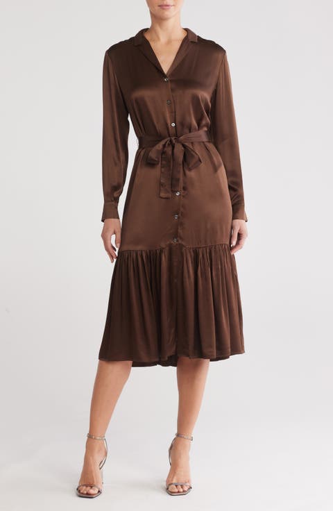 Beatrice Long Sleeve Belted Satin Midi Shirtdress