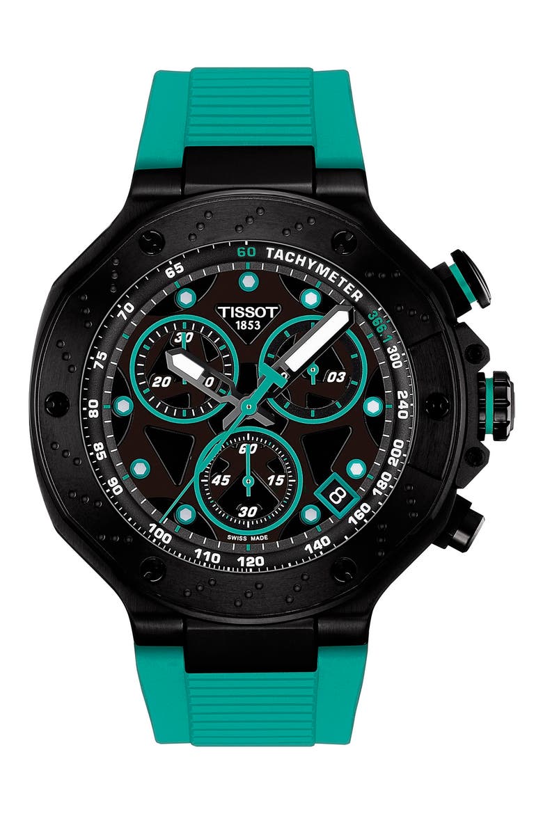 T-Race Chronograph Silicone Strap Watch, 45mm, Main, color, BLACK