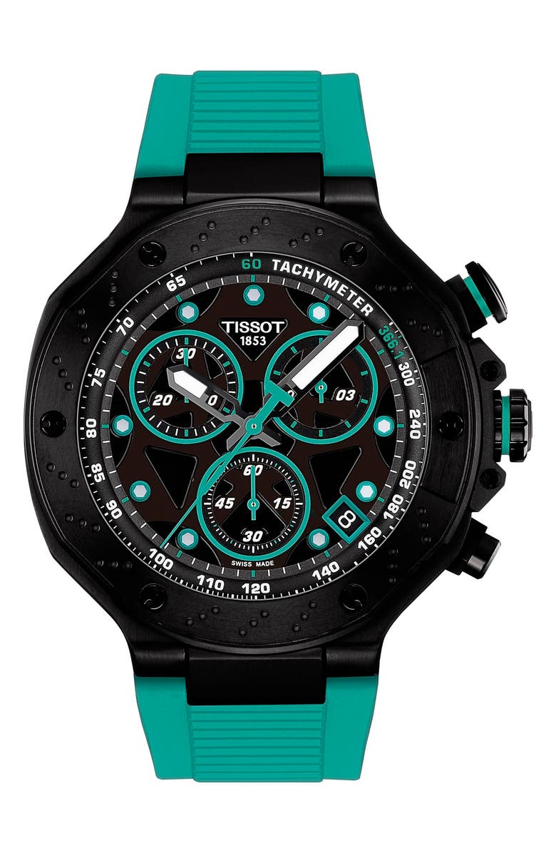 Tissot T-Race Chronograph Silicone Strap Watch, 45mm, Main, color, Black