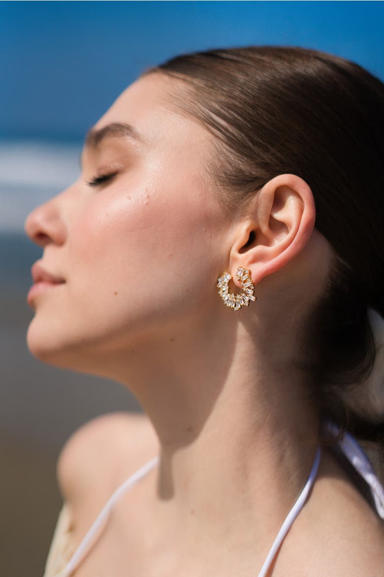 Crescent Baguette Cubic Zirconia Stud Earrings, Alternate, color, Gold