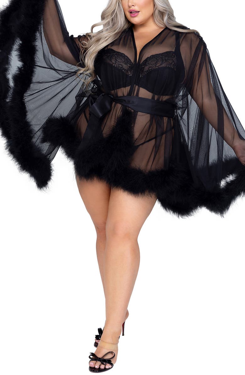 Roma Confidential Hollywood Glam Feather Trim Mesh Robe, Alternate, color,