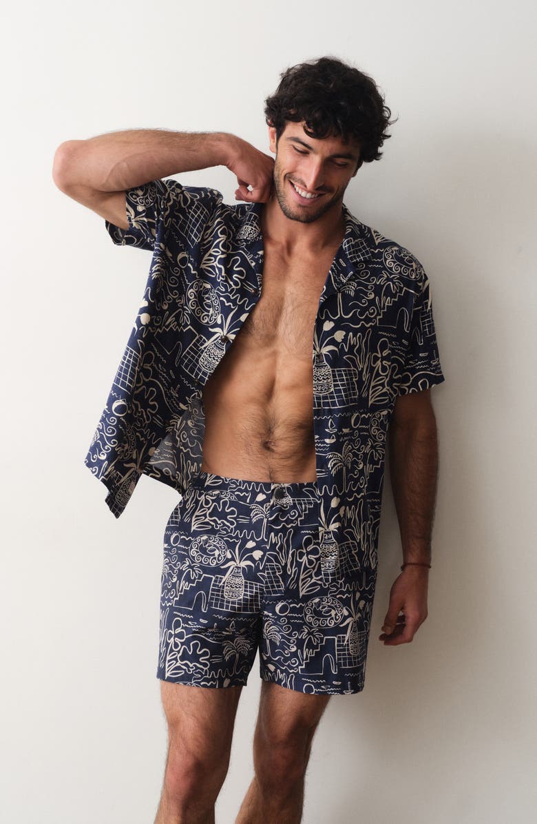 Marine Layer Island Motif Tailored Swim Trunks, Alternate, color, Navy/White Island Motif