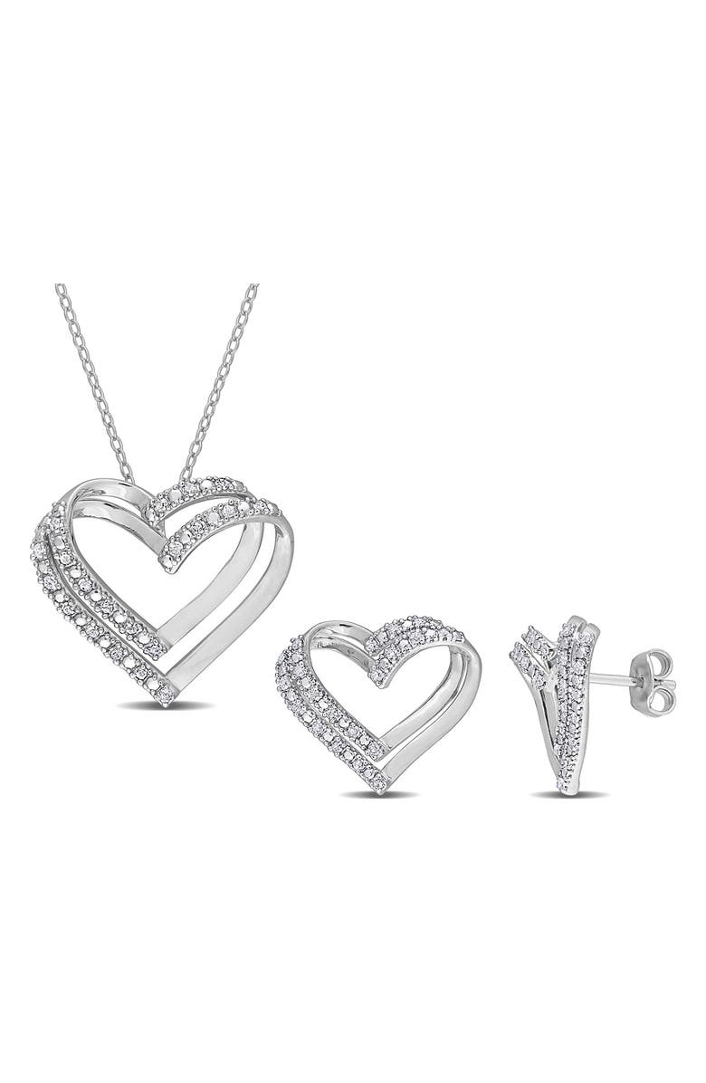DELMAR Diamond Heart Pendant Necklace & Stud Earrings Set, Main, color, Silver