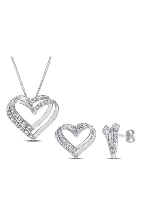 Diamond Heart Pendant Necklace & Stud Earrings Set