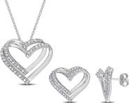 DELMAR Diamond Heart Pendant Necklace & Stud Earrings Set