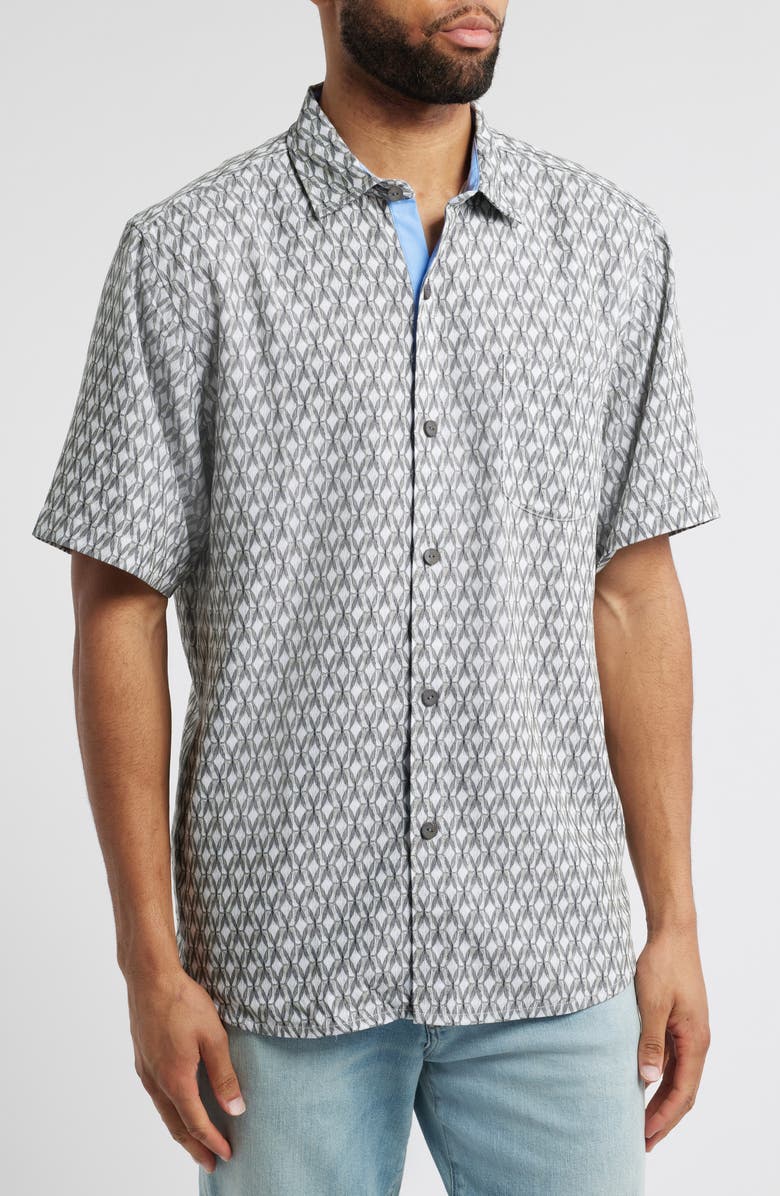 Tommy Bahama Coconut Point Dos Rios Geo Print IslandZone<sup>®</sup> Short Sleeve Button-Up Shirt, Main, color, 