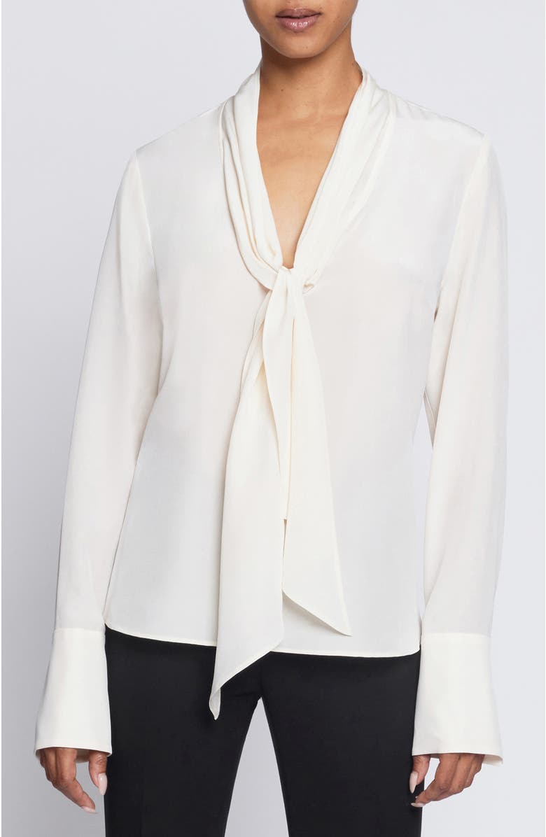 Santorelli AMANDA Long Sleeve Silk Blouse with Drop Neck Tie, Main, color, Beige