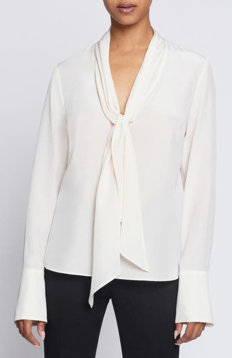 AMANDA Long Sleeve Silk Blouse with Drop Neck Tie