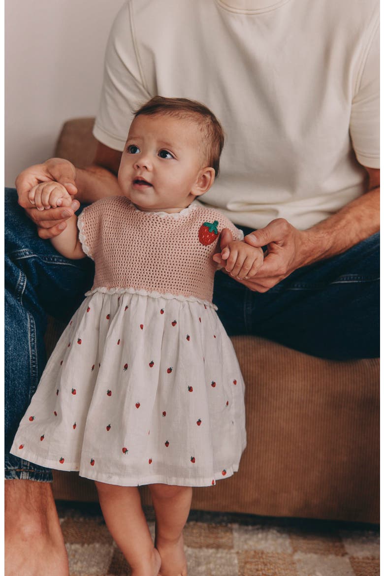 Kids' Strawberry Crochet Mixed Media Dress, Alternate, color, WHITE