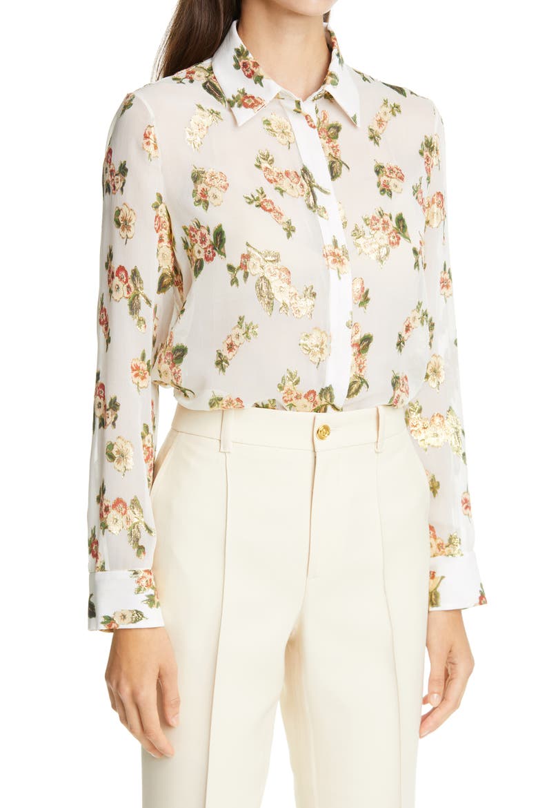 Metallic Floral Fil Coupé Silk Blend Blouse, Alternate, color, IVORY FLORAL