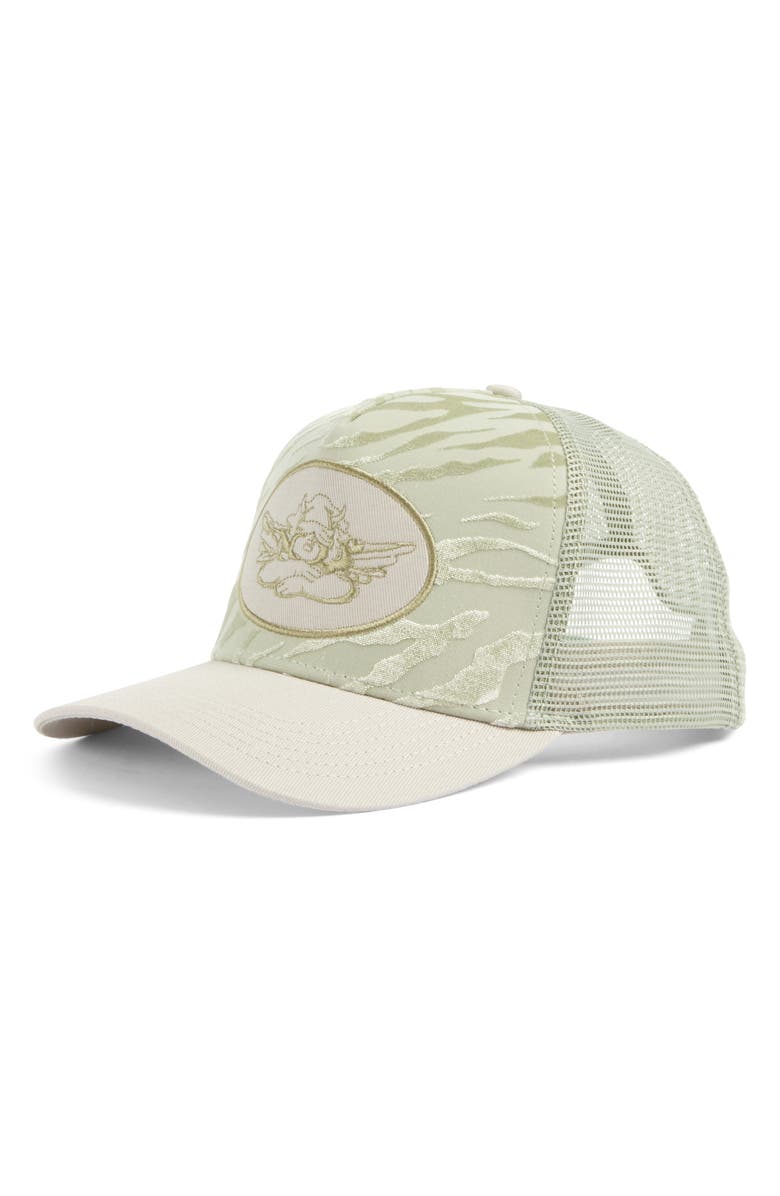 BOYS LIE Logo Patch Flames Burnout Trucker Hat, Main, color, 