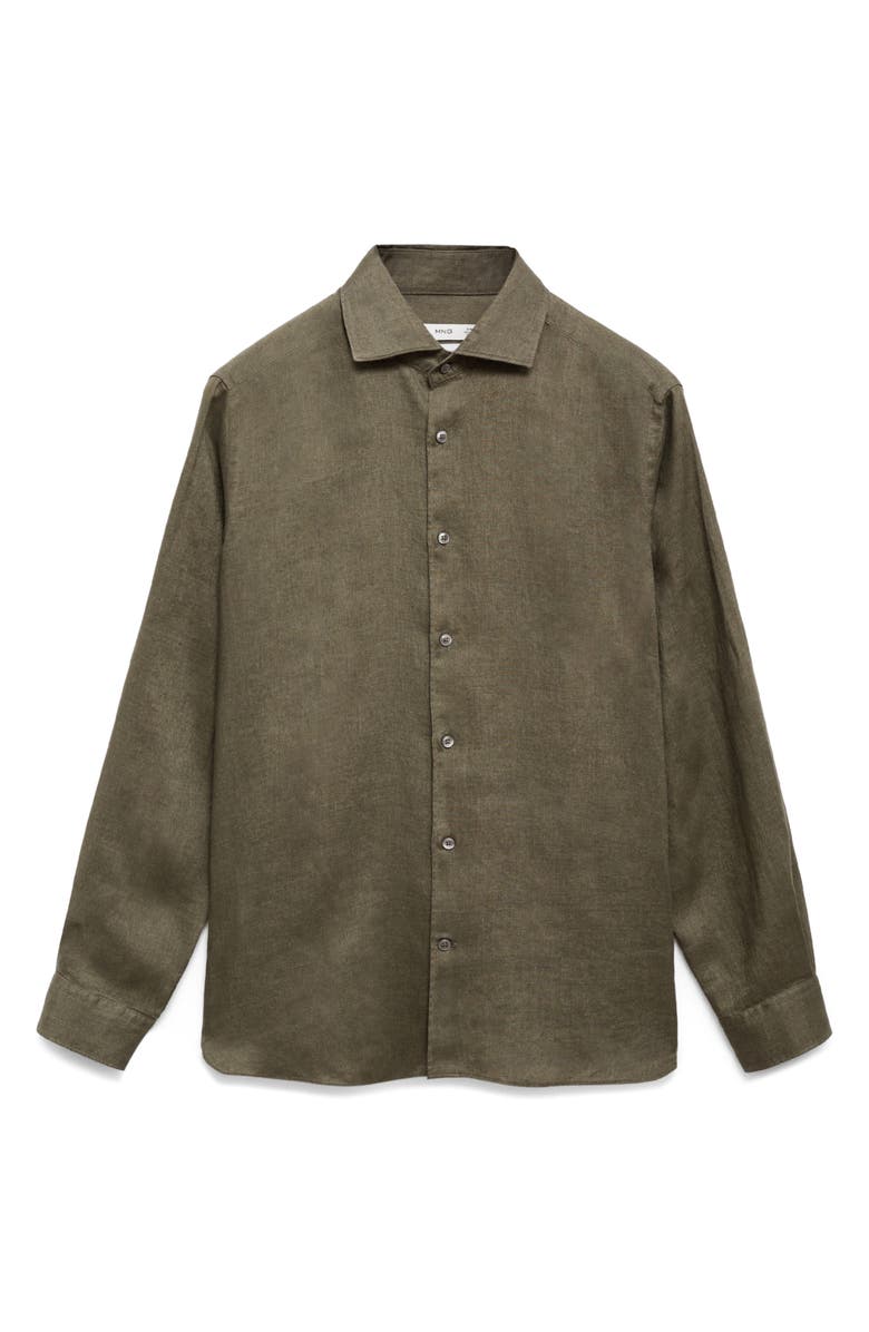 MANGO Slim Fit Linen Button-Up Shirt, Alternate, color, Khaki Green