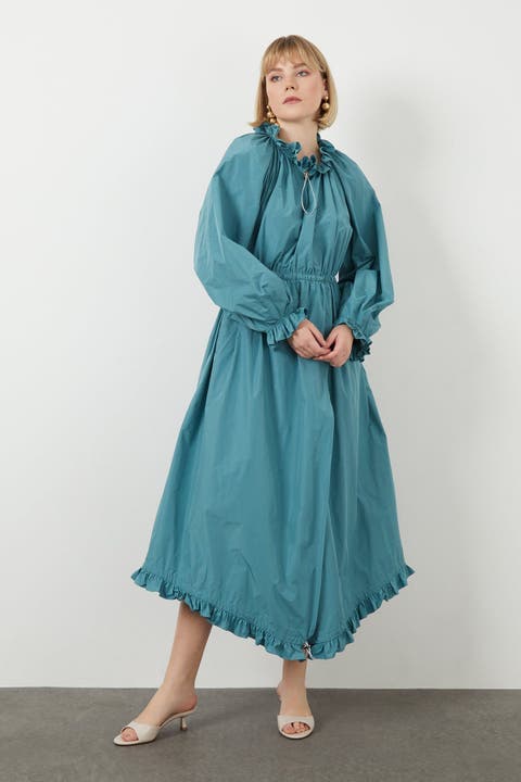 Turquoise Dress with Ruffles and Gathered Waist