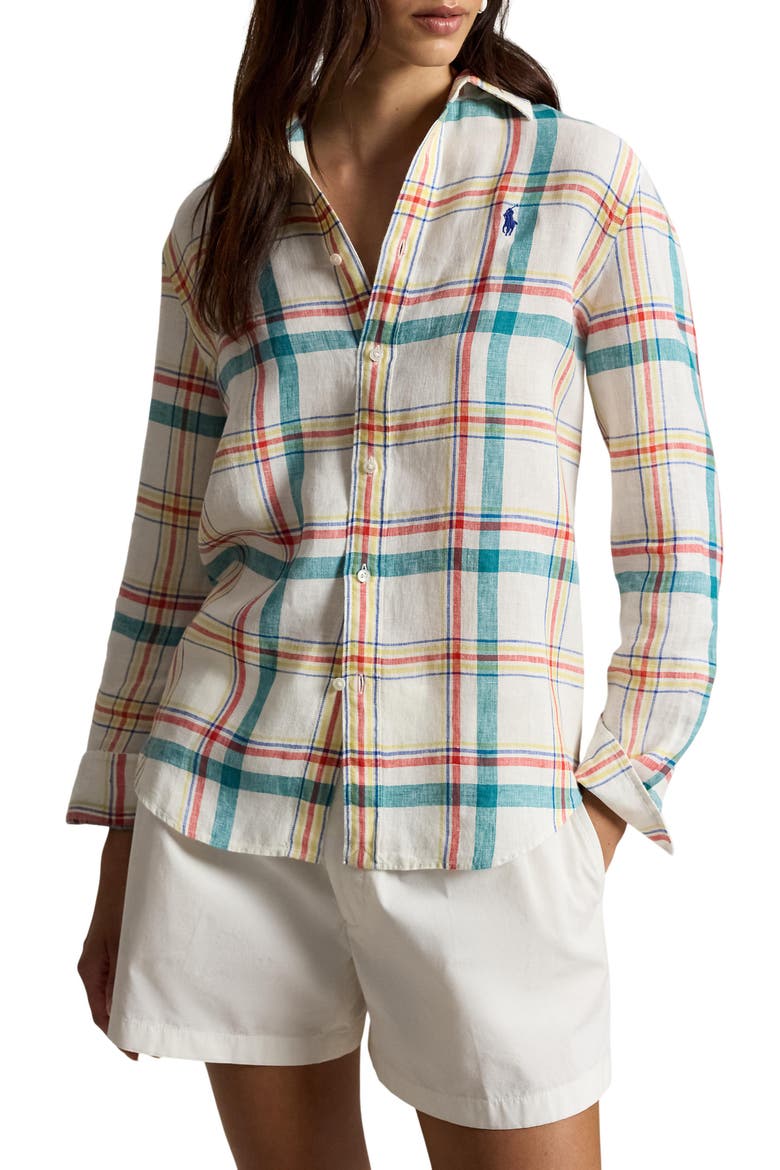 Plaid Linen Shirt, Main, color, 2017 WHITE-TEAL-RED MULTI