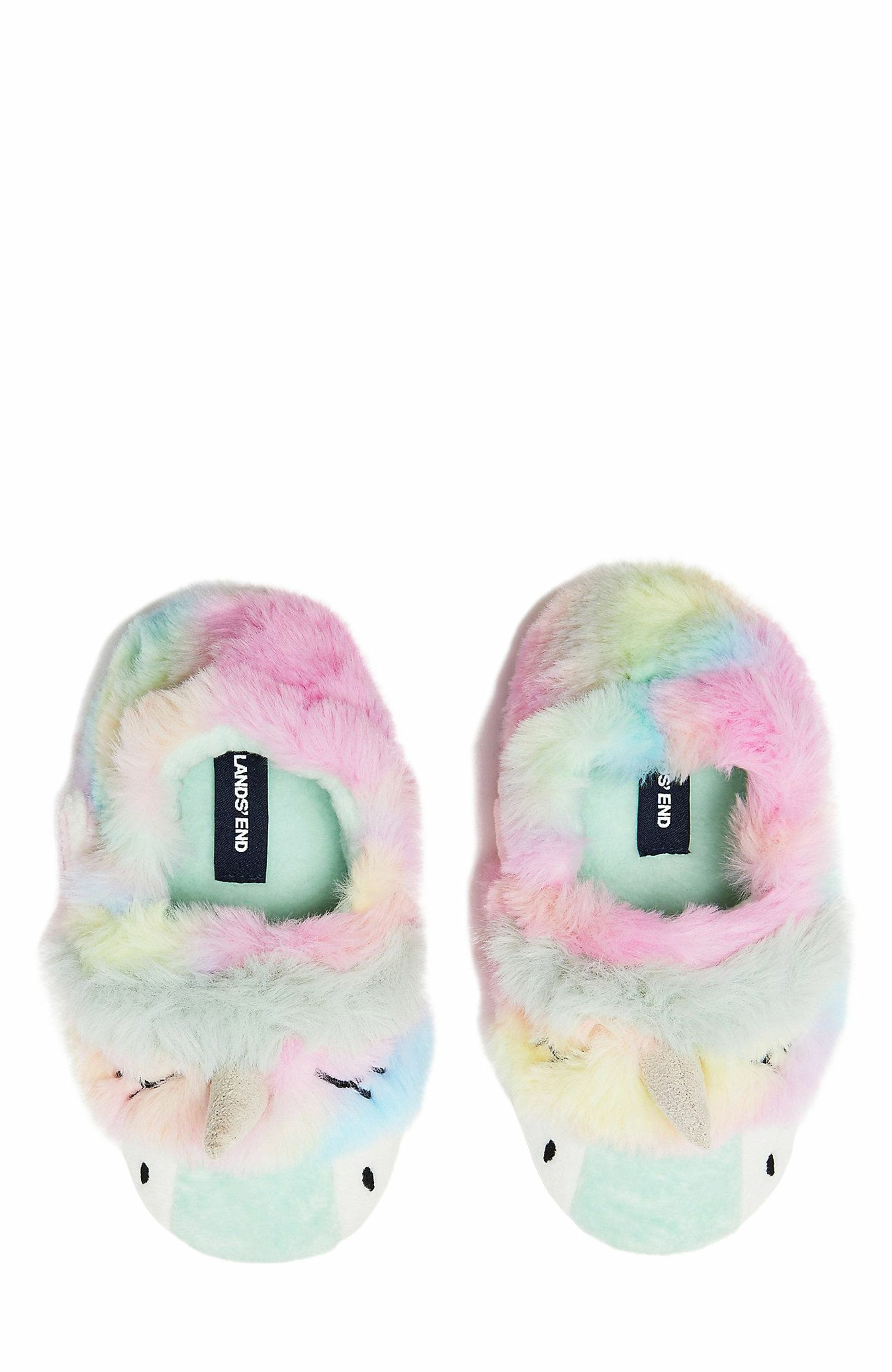 Lands' End Kids Cute Furry Animal Slippers, Alternate, color, Tie Dye Unicorn