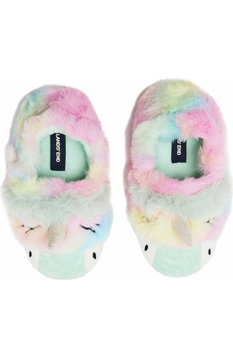 Lands' End Kids Cute Furry Animal Slippers, Alternate, color, Tie Dye Unicorn