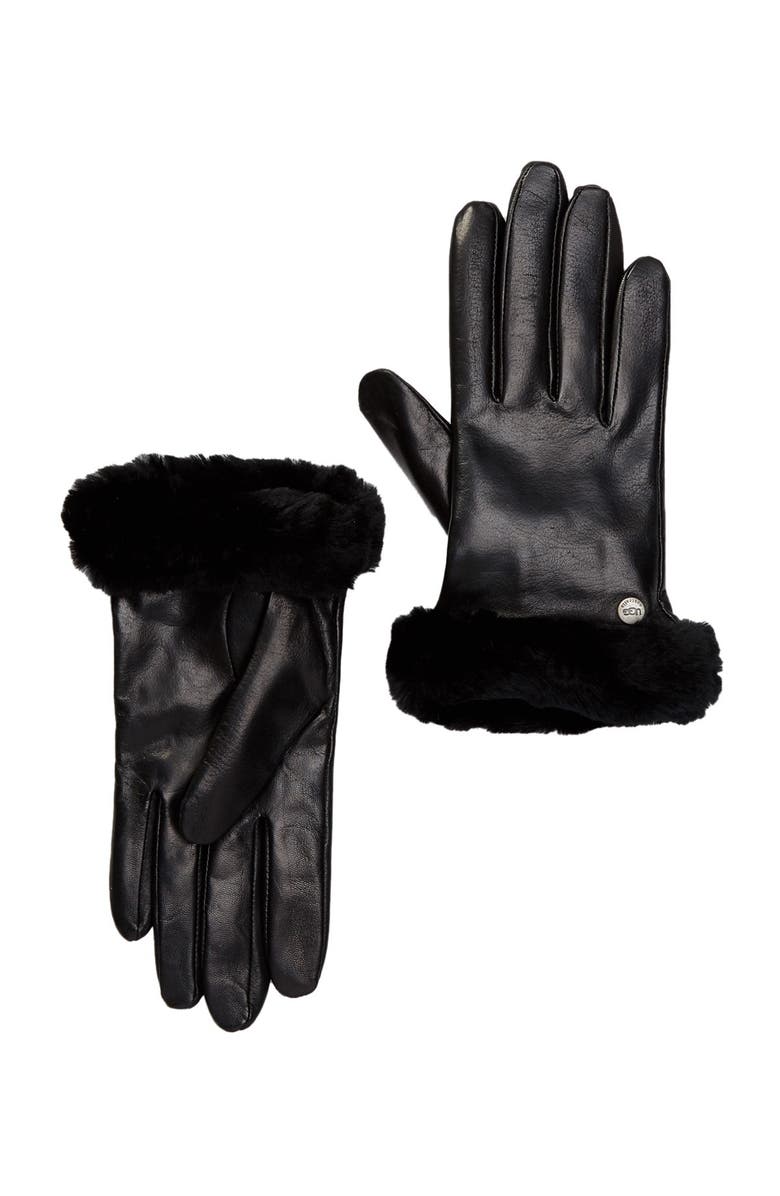 UGG<sup>®</sup> Genuine Dyed Shearling Trimmed Leather Gloves, Main, color, Black