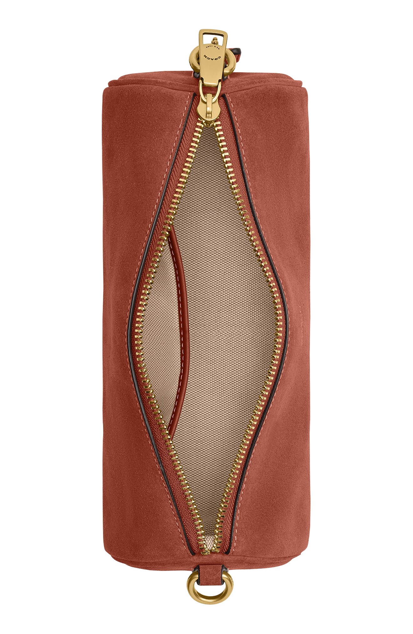 COACH Suede Barrel Bag, Alternate, color, Clay